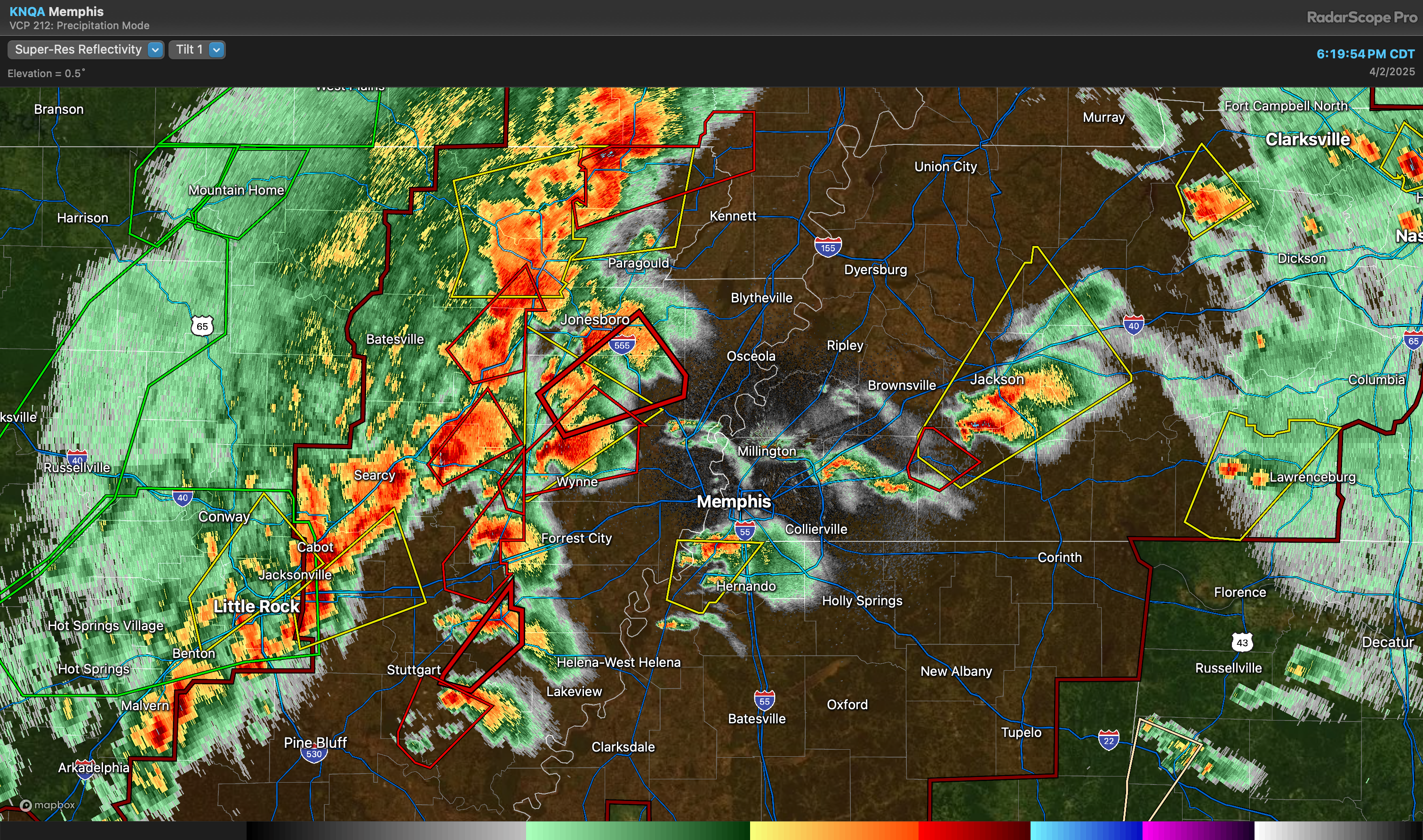 National Weather Service radar from Memphis depicting a quasi-linear convective system and several tornado-capable supercells ahead of the line.