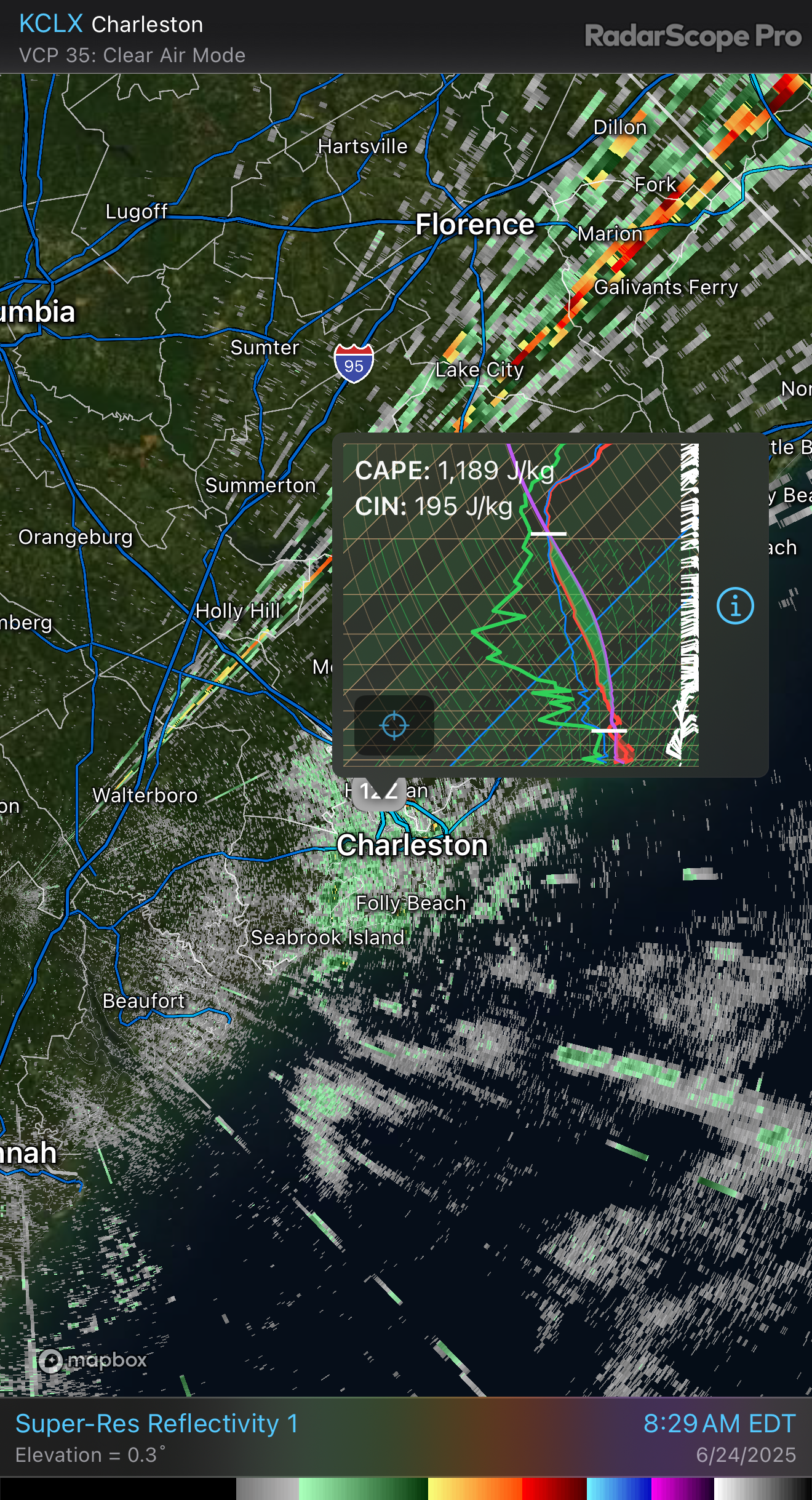RadarScope screenshot depicting ducting and interference on the KCLX radar. A Skew-T log-P diagram is superimposed, showing 1,189 J/kg of CAPE and 195 J/kg of CIN (convective inhibition). The latter number helps to demonstrate the strength of the inversion contributing to the radar anomalies. (No, this is not weather modification.)