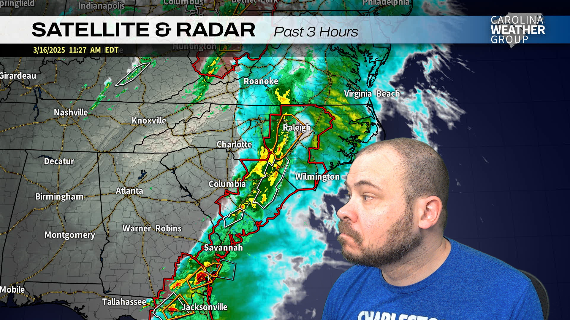 White bearded male keyed in over a satellite and radar composite of the southeastern continental United States under the Carolina Weather Group branding, looking very inquisitively at a line of storms.