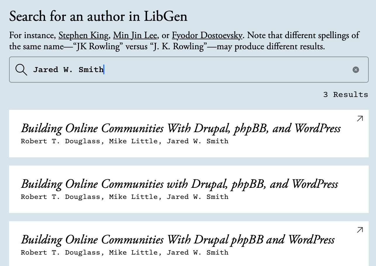 LibGen results for author Jared W. Smith, showing three results for “Building Online Communities with Drupal, phpBB, and WordPress.”